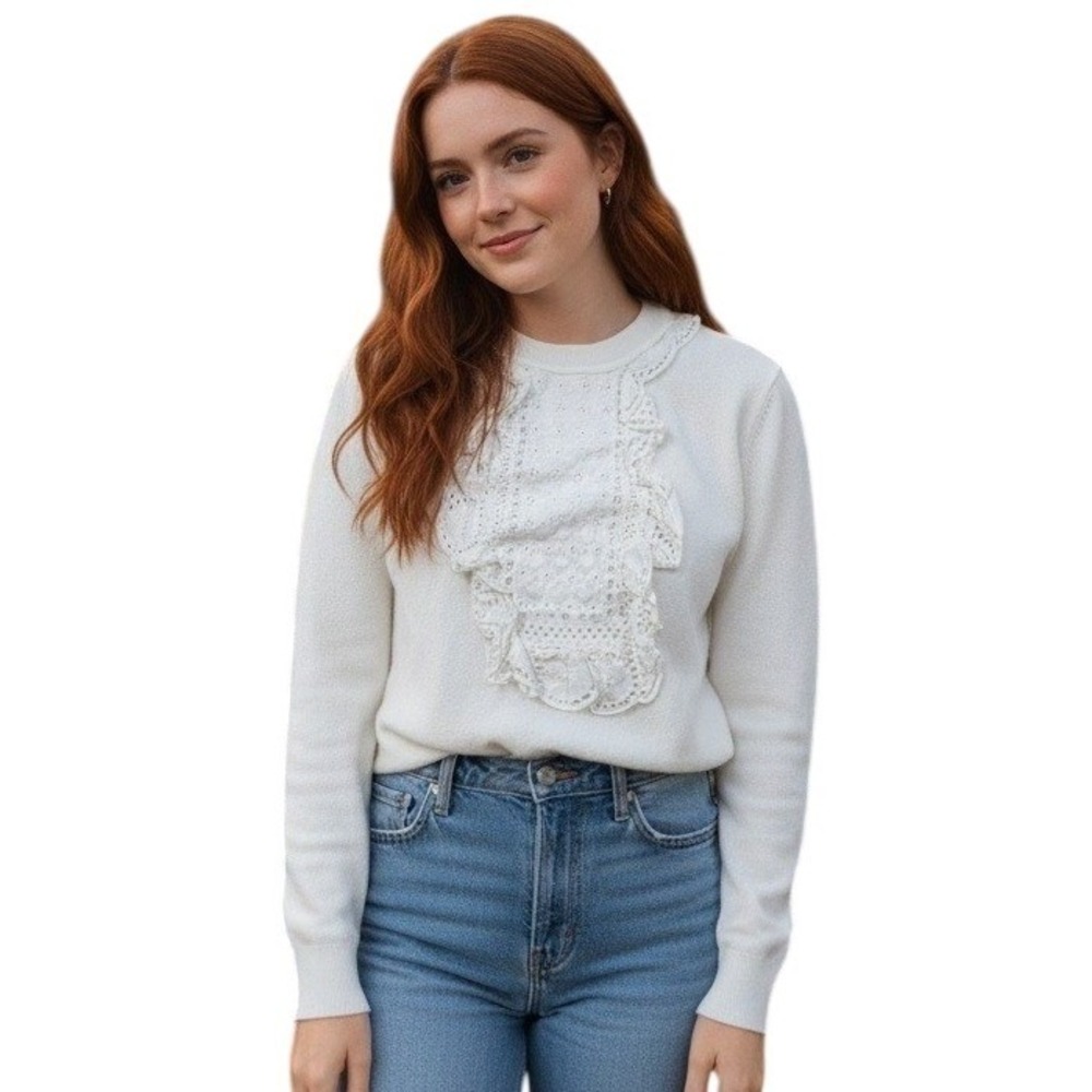 J. Crew White Cotton Sweater Medium Eyelet Ruffle Trim Long Sleeve Top $120‎